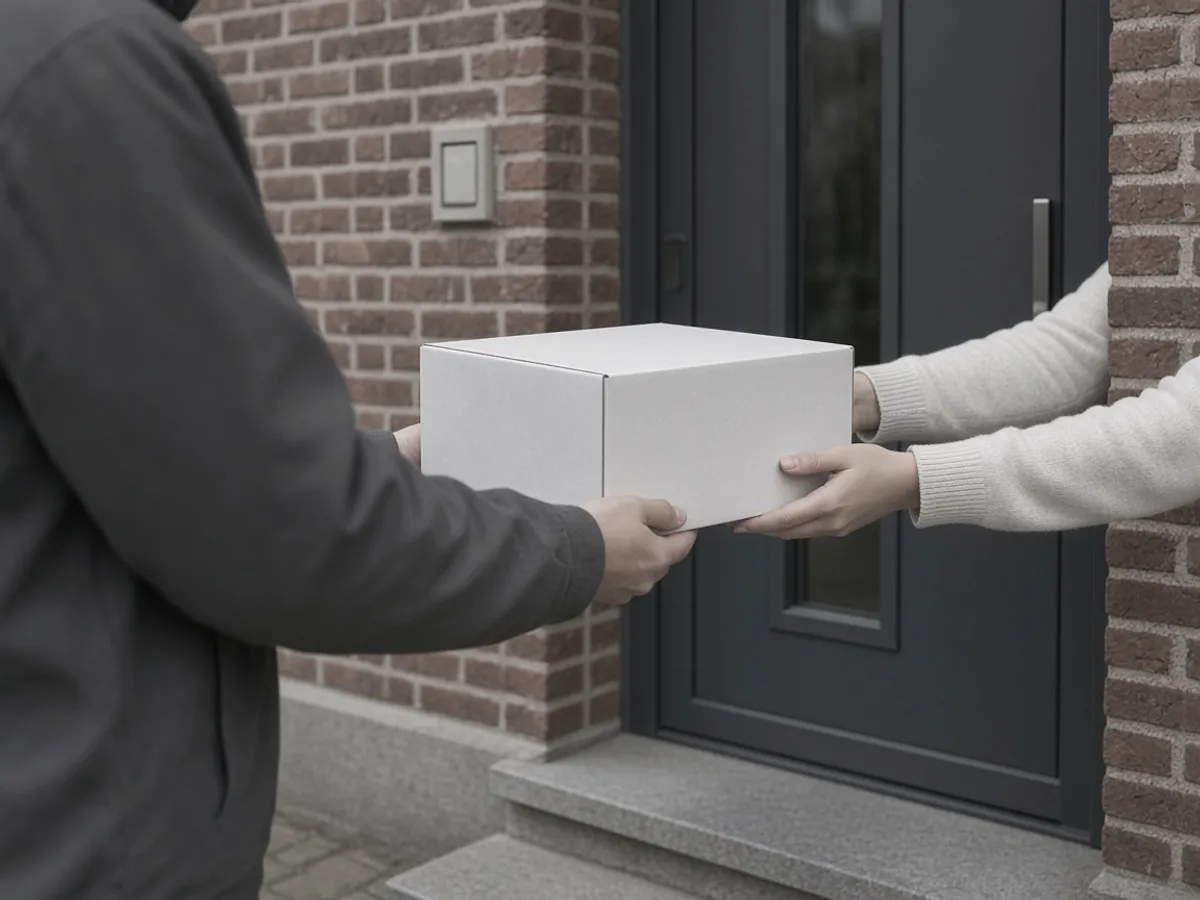 A courier hands a plain white parcel to a customer at the front door of a brick house